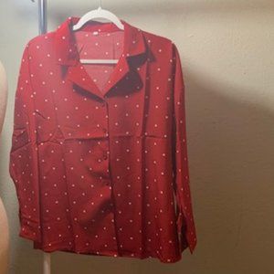 Sevego Women's Red W/White Polka Dots Full Button Long Sleeve Shirt XL NIP